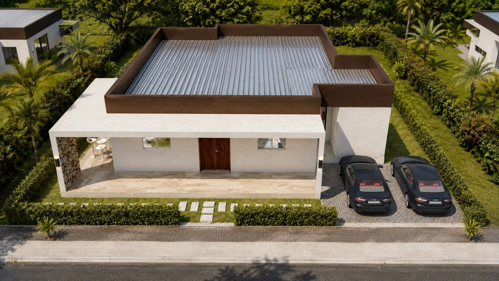 Vue aérienne de la maquette de villa SOBE sur une parcelle de 400 m²