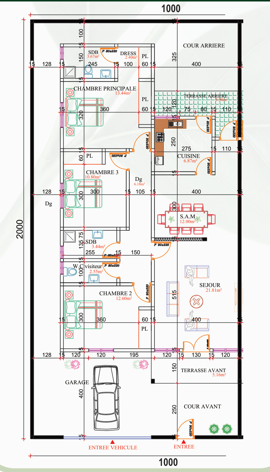 Plan de la villa SOBE sur une parcelle de 200 m², issu du PDF fourni
