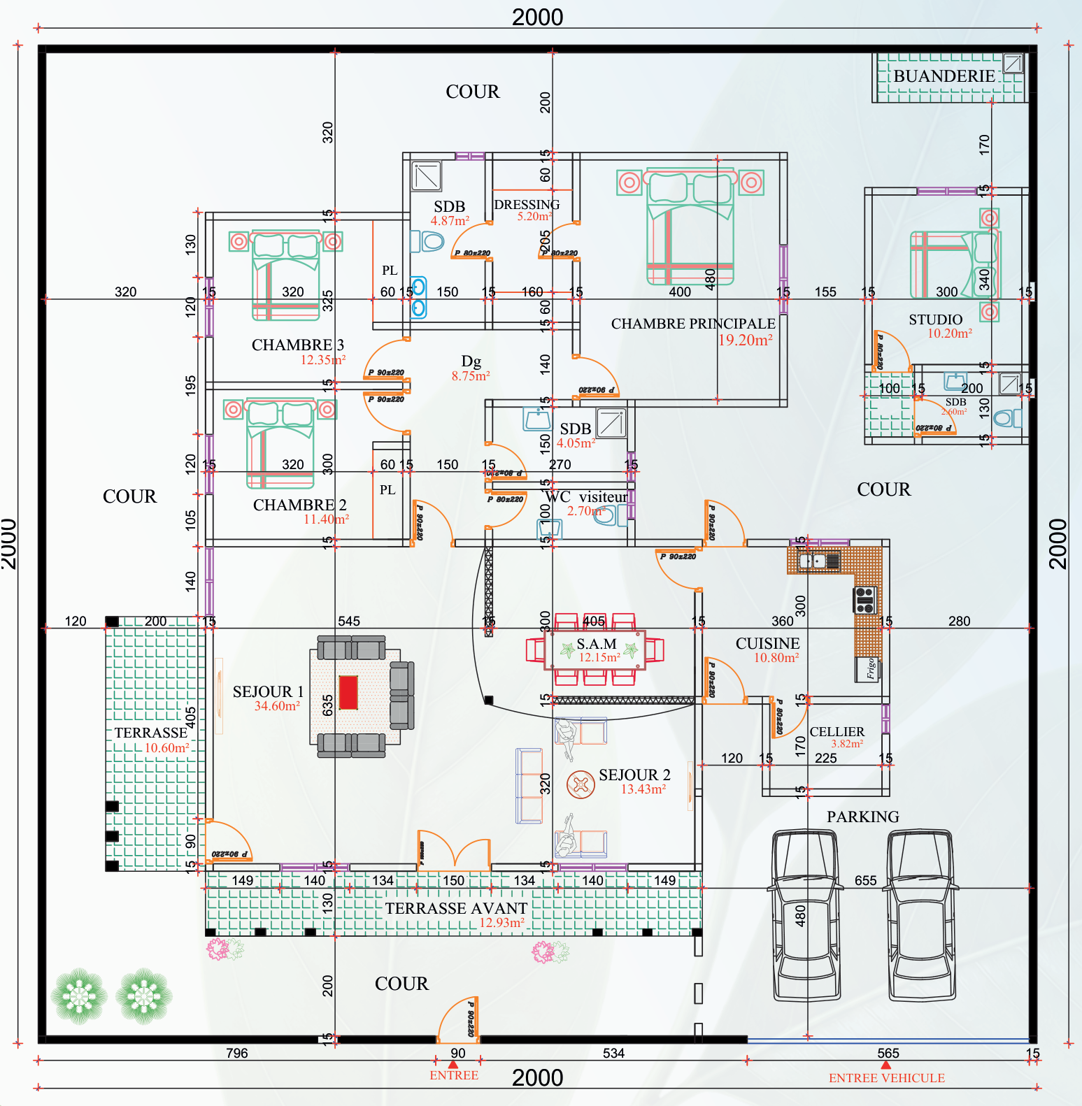 Plan de la villa SOBE sur une parcelle de 400 m², issu du PDF fourni